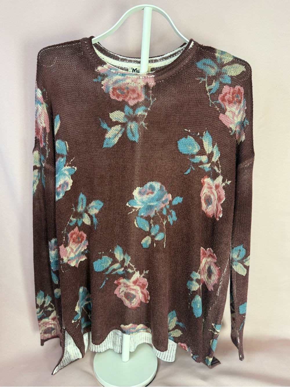 Show Me Your MuMu - Brown Floral Pullover Bonfire Sweater Pink & Blue - Size S